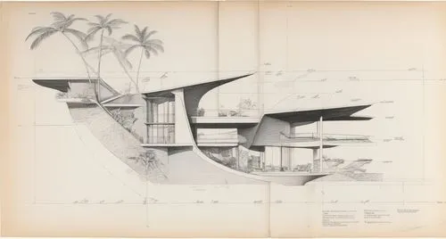 a drawing shows a structure with various levels,archigram,hejduk,corbu,seidler,sheeler,utzon,Unique,Design,Infographics