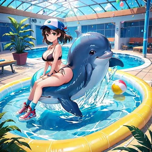 girl with a dolphin,dolphin show,dolphin rider,trainer with dolphin,keijo,dolphin background,Anime,Anime,Realistic