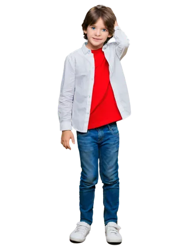 boy, autism awareness, solo, (8yo), gentle smile, bright blue eyes, messy brown hair, casual wear, white shirt, blue jeans, sneakers, hands clasped together, standing, slight tilt head, warm lighting,