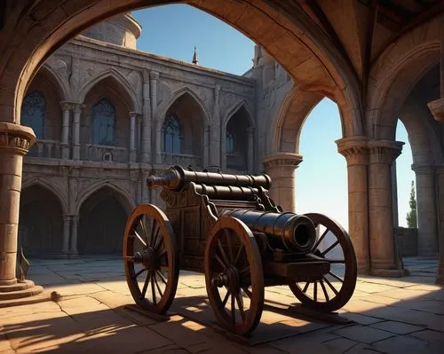 Historical, medieval-inspired artillery, ornate details, intricate carvings, rusty metal, worn wooden wheels, cannons, cylindrical barrels, reinforced steel, rivets, bolts, majestic stone structure, g