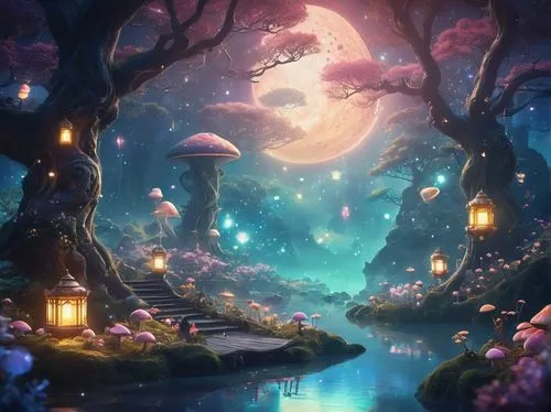 fairy village,fairy world,fantasy landscape,fairy forest,fantasy picture,fairy galaxy,mushroom landscape,fairyland,fairy lanterns,dream world,fairytale forest,fantasy art,beautiful wallpaper,magical,wonderland,children's background,fairy house,enchanted forest,night scene,forest of dreams,Conceptual Art,Sci-Fi,Sci-Fi 30