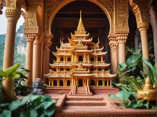 Ancient Bodhmall, majestic architecture, intricate carvings, golden ornaments, sacred Buddhist symbols, grand staircase, ornate doors, vibrant frescoes, tranquil atmosphere, misty mountains, lush gree