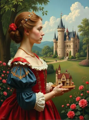 girl in the garden,fantasy picture,fairy tale castle,principessa,queen of hearts,fairy tale