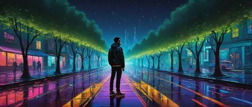 pedestrian,panoramical,sci fiction illustration,city lights,night scene,citylights,parallel world,cosmos,boulevard,beyond,neon lights,passenger,music background,world digital painting,to be alone,dream world,parallel worlds,night highway,a pedestrian,before the dawn,Photography,Artistic Photography,Artistic Photography 10