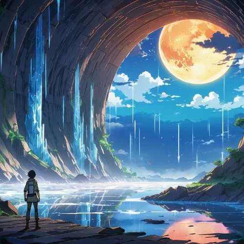 futuristic landscape,fantasy landscape,blue cave,explorers,landscape background,blue caves,the blue caves,background design,exploration,lunar landscape,cave,alfheim,fantasy picture,wanderer,discovering,journeys,dreamscape,valley of the moon,subkingdom,dream world,Illustration,Japanese style,Japanese Style 03