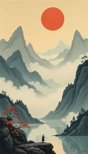 ukiyoe,japan landscape,roerich,red sun,mountain scene,yiping,Illustration,Realistic Fantasy,Realistic Fantasy 46