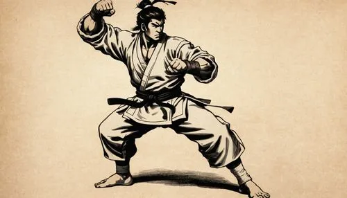 engraving antique papers, japan male, stunning body, standing pose, whole body from head to toes, street fighter character ryu hairstyle, 1800 japan clothes head band, throwing punch hit, style image 