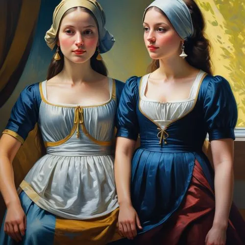 Create a beautiful double portrait from this.,two girls,mirror image,young women,porcelain dolls,bougereau,mirror reflection,yellow and blue,the three graces,doll looking in mirror,oil painting,breton