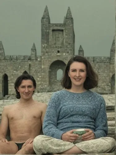 man and woman posing in front of an ancient building,two women and one man pose with their hands in a bowl,nuig,wormleighton,starks,simione,dukedoms,hbo,Photography,Black and white photography,Black a