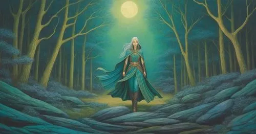 a painting of a man in a forest,mirkwood,thranduil,galadriel,celeborn,thingol,elven forest,glorfindel,finrod,elfland,elenore,elven,silmarillion,fantasy picture,raistlin,lorien,the snow queen,sorceror,