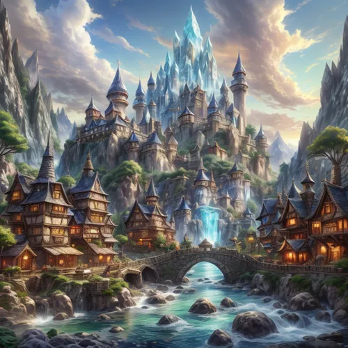 fantasy landscape,fairy village,fantasy world,fantasy picture,aurora village,fantasy city,fairy world,3d fantasy,mountain settlement,fantasy art,fairy tale castle,northrend,cartoon video game backgrou