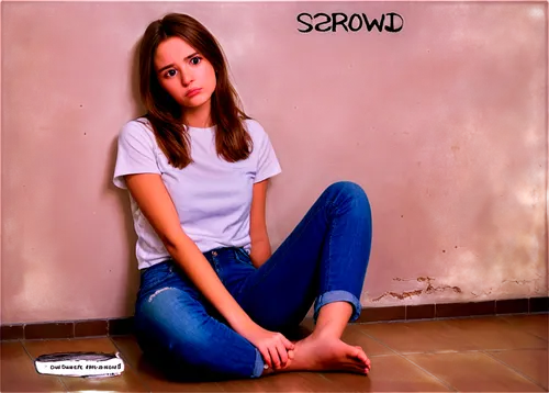 sad girl, solo, tears in eyes, messy brown hair, pale skin, simple white t-shirt, ripped jeans, bare feet, sitting on floor, back against wall, quote bubble above head, handwritten font, sorrowful atm