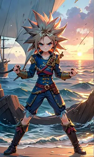 sanya,2d,sea god,sailing saw,wind warrior,killua,at sea,nautical star,pirate,god of the sea,delta sailor,nautical children,seafaring,neptune,etna,sea fantasy,ocean background,dusk background,alibaba,u