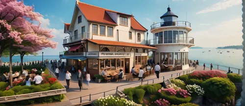 seaside resort,blankenese,murten morat,sopot,montreux,meersburg,bodensee,house of the sea,honfleur,rügen island,maiden's tower views,lake constance,balaton,popeye village,the waterfront,house by the water,binz,3d rendering,warnemünde,konstanz