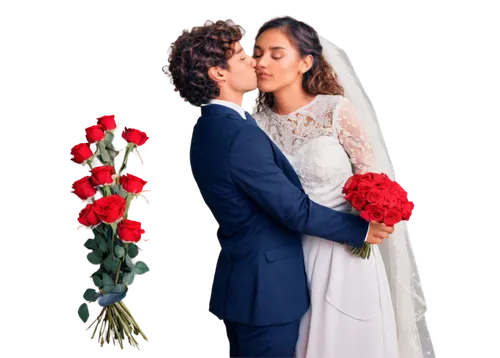 Young couple, embracing, tender kiss, gentle hand on cheek, soft facial expression, dreamy eyes, long curly brown hair, flowy white wedding dress, suit and tie, bouquet of red roses, warm sunset light