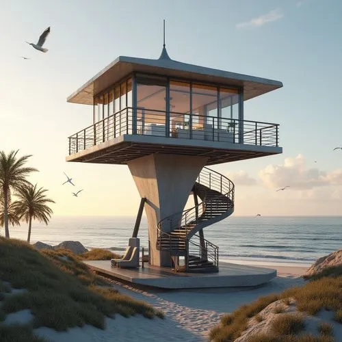 lifeguard tower,observation tower,lookout tower,bird tower,watch tower,dunes house,seasteading,pigeon house,watchtowers,3d rendering,beach hut,island suspended,stilt house,render,beachfront,cube stilt houses,watchtower,oceanfront,beach house,beachhouse,Photography,General,Realistic