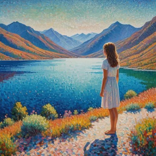 girl on the river,landscape background,oil painting,idyll,high landscape,panoramic landscape,oil painting on canvas,painting technique,high mountain lake,river landscape,landscape,salt meadow landscape,mountain lake,mountainlake,landscapes,heaven lake,mountain scene,khokhloma painting,beautiful landscape,oil on canvas