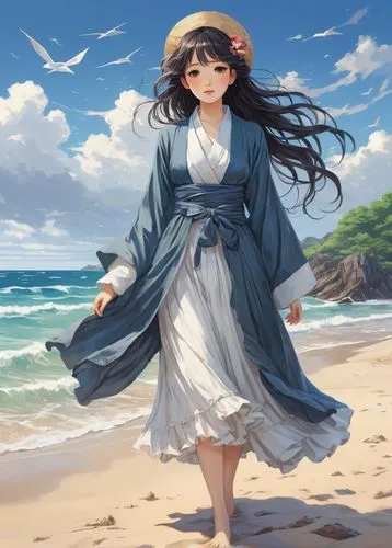 beach background,beach scenery,the wind from the sea,kitakami,beach walk,by the sea,Illustration,Japanese style,Japanese Style 09