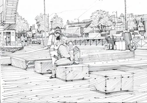 sketchup,board walk,boardwalk,underdrawing,fishermans wharf,harborwalk,comiket,mono-line line art,toontown,line drawing,mono line art,boardwalks,wharf,docks,dockside,bandstands,storyboard,summer line 