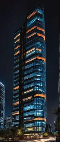 Modern skyscraper, futuristic design, sleek lines, reflective glass, metallic accents, angular structure, urban landscape, cityscape, night scene, neon lights, busy streets, pedestrian traffic, intric