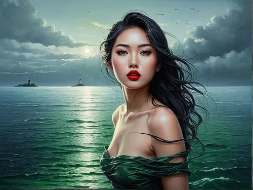 An amazing nude japanese young woman  with red lips and green eyes,an image of a woman with black hair standing in the water,the sea maid,dubbeldam,xueying,vietnamese woman,jianying,youliang,Illustrat