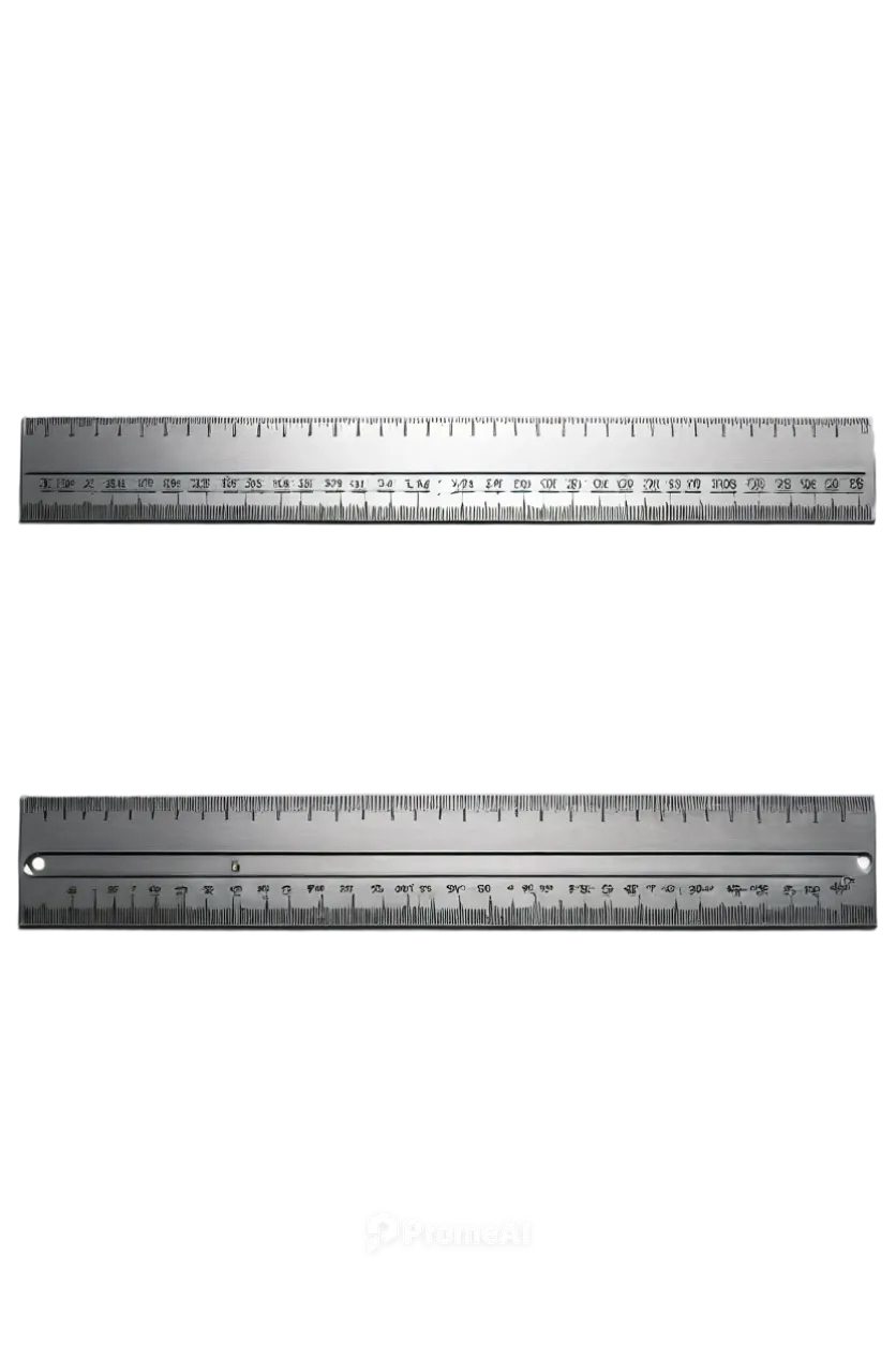 Ruler tool, Photoshop interface, rectangular shape, silver metal, straight edge, measurement units (inch/cm/mm), horizontal orientation, 3/4 composition, soft focus, subtle shadow, studio lighting, de