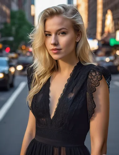 a portrait half body of a beautiful caucasian girl 27 years old blonde hair in a black dress in the street of New York as background ,celtic woman,in a black dress,black dress,blonde woman,marylyn mon