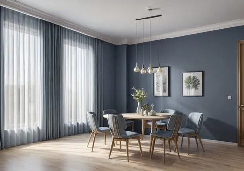 a dining room that has curtains open in front of it,window blinds,rovere,wallcoverings,windowblinds,tikkurila,3d rendering