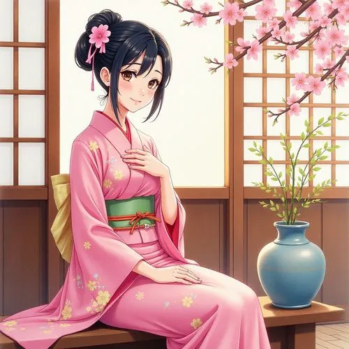 yukata,japanese sakura background,kimono,longmei,sakura background,japanese floral background,Illustration,Realistic Fantasy,Realistic Fantasy 30