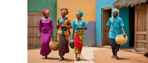 Nigerian scenery, colorful traditional clothing, vibrant patterns, bright sunshine, warm tropical atmosphere, adobe buildings, mud huts, thatched roofs, intricate carvings, ornate wooden doors, bustli