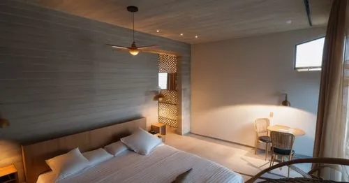 una habitacion de hotel boutique minimalista las paredes de chukum y el muro de la cabecea de hormigon aparente con un piso de cemento pulido y las lamparas colgantes detallas seoprendeme
,japanese-st