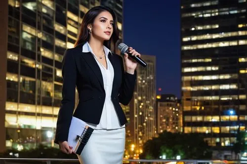 Urban cityscape, modern skyscraper, glass and steel structure, busy streets, city lights, night scene, mature lady, journalist, professional attire, black blazer, white shirt, pencil skirt, high heels