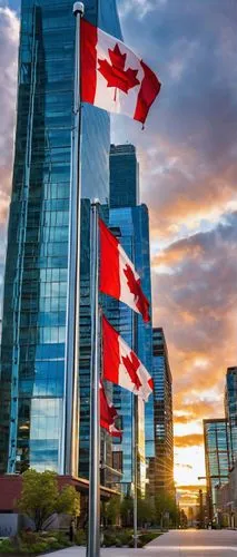 Calgary modern skyscraper, glass and steel materials, geometric structure, sharp angles, reflective windows, rooftop garden, urban cityscape, downtown area, evening time, warm lighting, vibrant colors