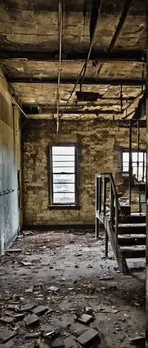 Abandoned industrial building, Cleveland OH, urban exploration, old brick walls, rusty metal beams, broken windows, distressed wooden floors, peeling paint, worn-out stairs, dim natural light, gritty 