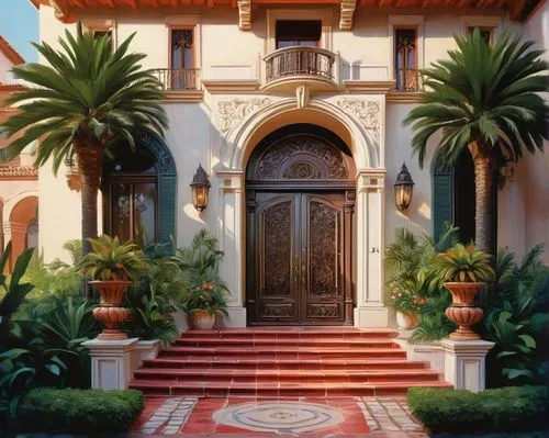 Italianate architecture house, luxurious villa, Mediterranean style, grand entrance, ornate door, lion-shaped door knockers, symmetrical facade, tall windows, balconies with intricate iron railings, r