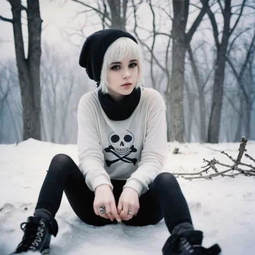 Snowy landscape, winter scene, emo girl, solo, (18yo), pale skin, black eyeliner, dark eyeshadow, pierced nose, multiple ear piercings, short white hair, straight bangs, black fishnet stockings, rippe