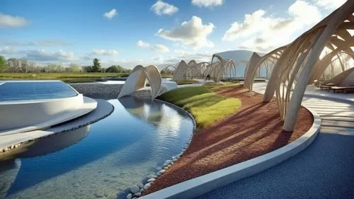 the artistic view of a lake surrounded by green land,futuroscope,heatherwick,qlizabeth olympic park,futuristic art museum,3d rendering,dragon bridge,Photography,General,Realistic