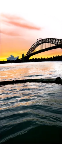 Harbour bridge, steel arch bridge, Sydney Opera House in background, sunset, golden hour, warm lighting, reflections on water, rippling waves, sailboats, seagulls flying overhead, dramatic clouds, 3/4