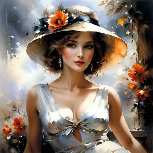 heighton,vintage girl,retro pin up girl,sun hat,vintage woman,vintage angel,beautiful bonnet,art deco woman,vintage women,watercolor pin up,high sun hat,retro pin up girls,panama hat,domergue,millinery,girl wearing hat,vintage flowers,margueritte,milliner,flower hat,Conceptual Art,Oil color,Oil Color 03