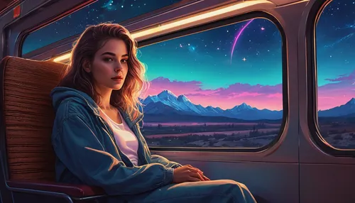 A girl sitting in a train, image, retro, flat, 2.5d, glow, neon landscape, beautiful colorful night sky, stars, simulated color theme, fantasy, line art, ink painting, large ink line, watercolor, goua