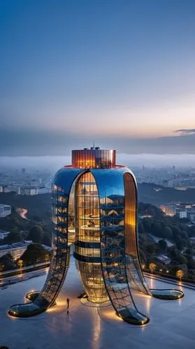 an impressive architectural design of a futuristic building, possibly inspired by the form of a peeled banana. The building features sweeping, curved structures that resemble the elegant, elongated pe