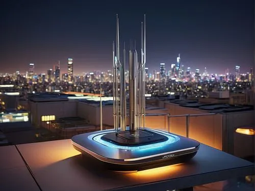 Femtocell base station, 3G/4G antenna, futuristic architecture, sleek metal body, LED indicator lights, compact design, urban rooftop, cityscape background, modern skyscraper, night scene, warm ambien