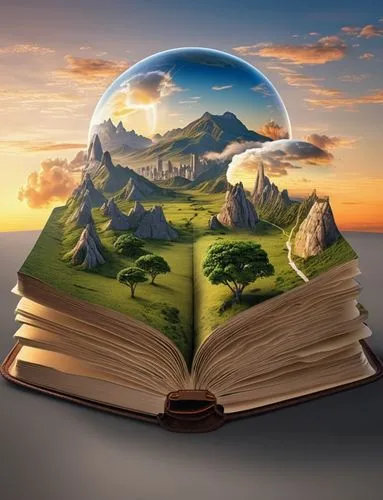 livro aberto com montanhas e rios e uma cidade ,   globo terrestre ao fundo ,magic book,publish a book online,crystal ball-photography,terrestrial globe,turn the page,3d fantasy,publish e-book online,