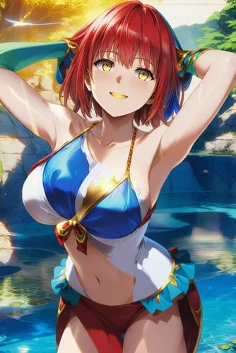 a girl in a bikini stands by a waterfall,kagura,isara,alpana,kouka,rias,hartadi,Illustration,Japanese style,Japanese Style 03