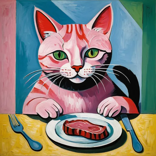 red cat,pink cat,tea party cat,cat portrait,cat food,domestic cat,red tabby,étouffée,the pink panter,red whiskered bulbull,domestic animal,tuna steak,calico cat,feline,cat,animal feline,cat drinking tea,appetite,the pink panther,cartoon cat,Art,Artistic Painting,Artistic Painting 05