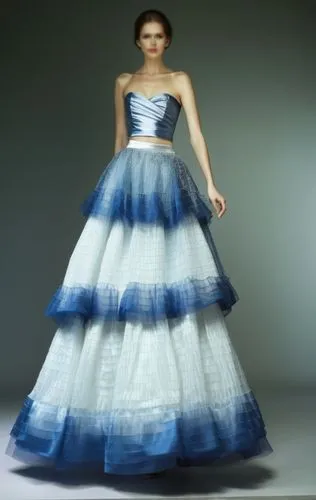 a blue and white dress with white trim,ball gown,ballgown,crinoline,siriano,ballgowns,quinceanera,Photography,General,Realistic