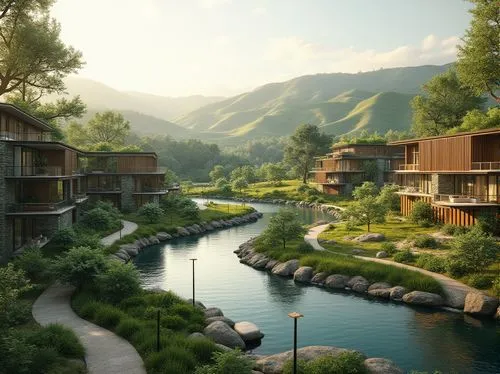 ecovillages,fallingwater,ecovillage,ecotopia,alpine village,shangri,creekside,courchevel,amanresorts,rivendell,idyllic,green valley,verbier,streamwood,riftwar,tulou,3d rendering,shangrila,building valley,riverwoods,Photography,General,Realistic