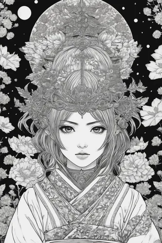 amano,geisha,mukimono,geisha girl,shirakami-sanchi,japanese art,yi sun sin,oriental princess,white blossom,priestess,moonflower,tsukemono,honzen-ryōri,mono line art,ayu,samurai,shakyamuni,celestial chrysanthemum,sacred lotus,water lotus,Illustration,Black and White,Black and White 09