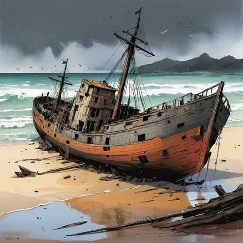 shipwreck,ship wreck,the wreck of the ship,caravel,old ship,shipwreck beach,pirate ship,boat wreck,wooden boat,sail ship,sea sailing ship,old ships,naval trawler,old boat,rotten boat,mayflower,the wreck,fishing trawler,world digital painting,anchored,Illustration,Paper based,Paper Based 07