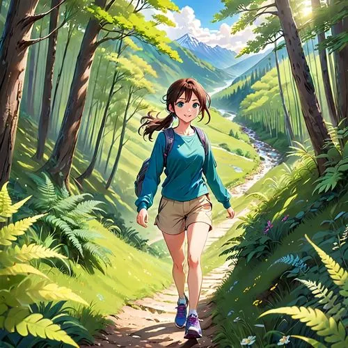 forest walk,miku maekawa,forest background,forest path,hiking path,hiking,in the forest,mountain hiking,trail,mikuru asahina,studio ghibli,walk in a park,hiker,female runner,hike,cg artwork,go for a walk,nature trail,walk,spring background,Anime,Anime,Realistic